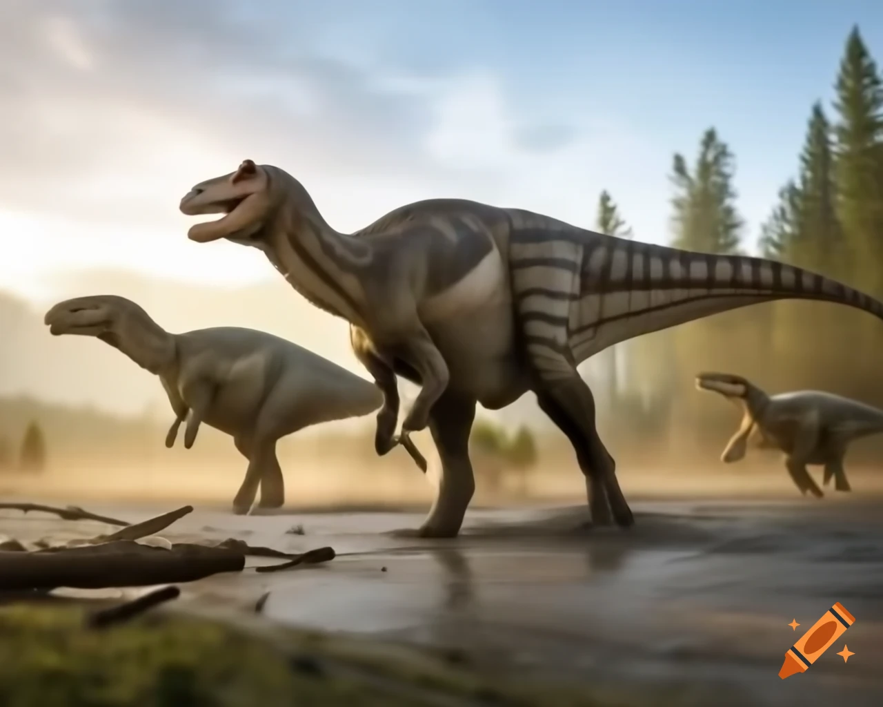 Trio of striped hadrosaurus by lake at golden hour with driftwood and ferns
