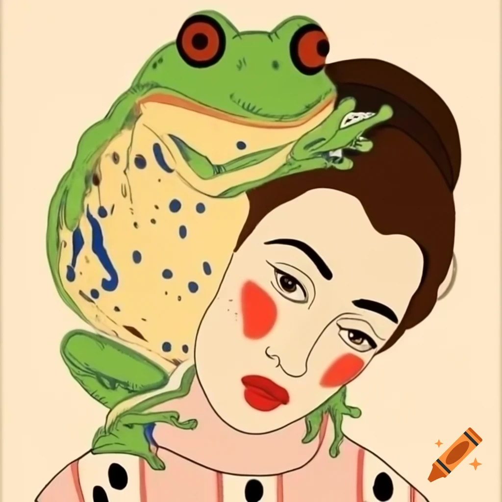 Vintage oil painting of frog and woman kissing in Egon Schiele style
