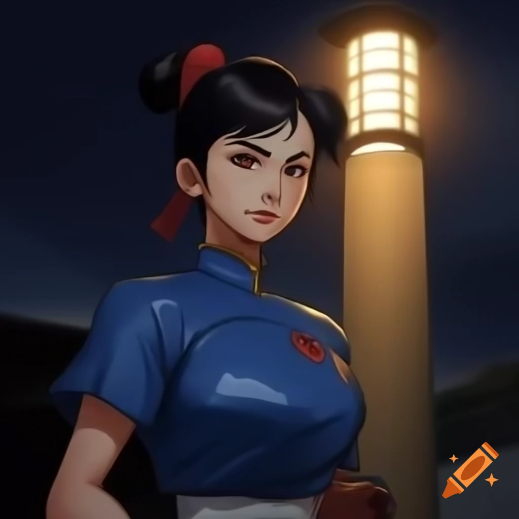 Anime Chun-li from Street Fighter in akimbo stance before floodlight