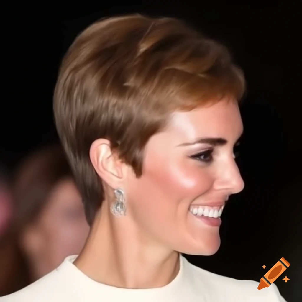 Catherine Middleton showing a new pixie cut hairstyle with clippered nape and short sides