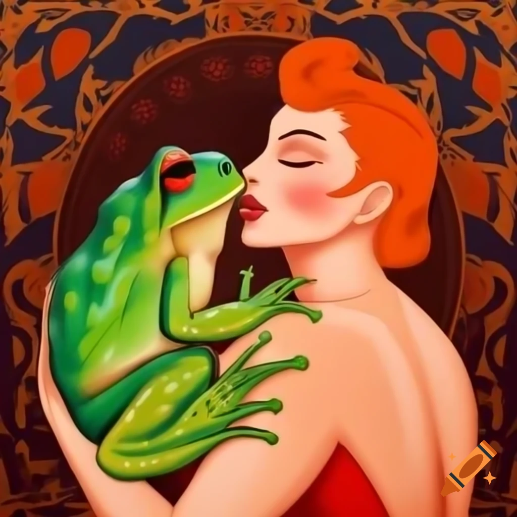 Vintage oil painting portrait of frog and woman kissing in impressionism style