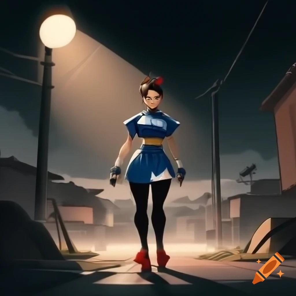 Anime portrayal of Chun-li from Street Fighter in front of floodlight
