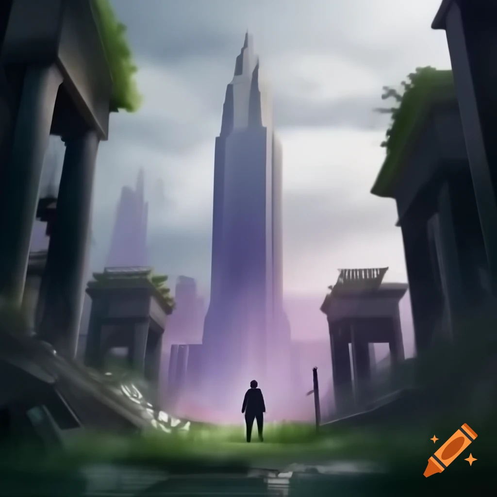 Post-apocalyptic cityscape with nature reclaiming urban landscape and ruined art deco skyscraper