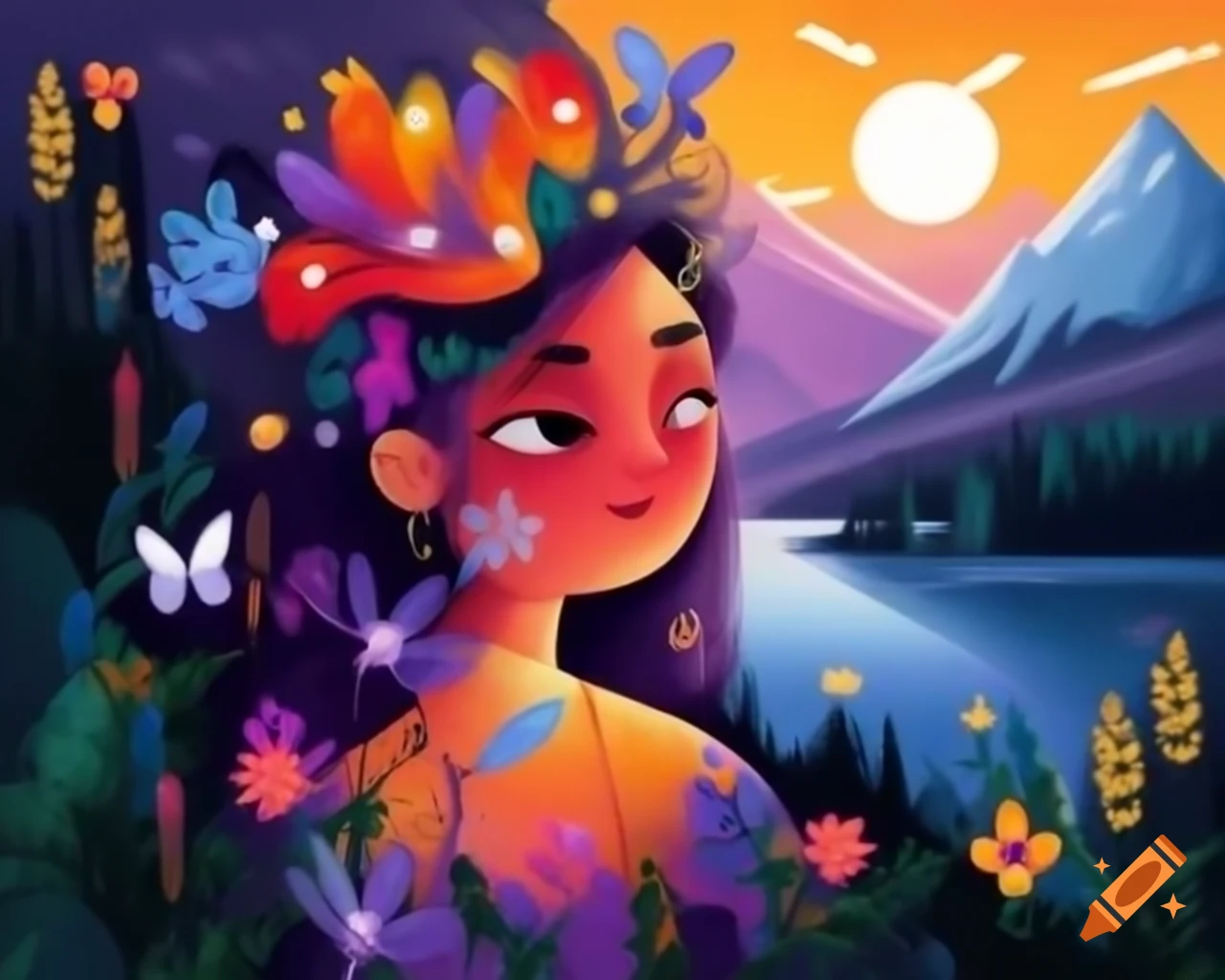 Enchanting colorful-haired woman with wildflowers and butterflies, stunning sunset in background