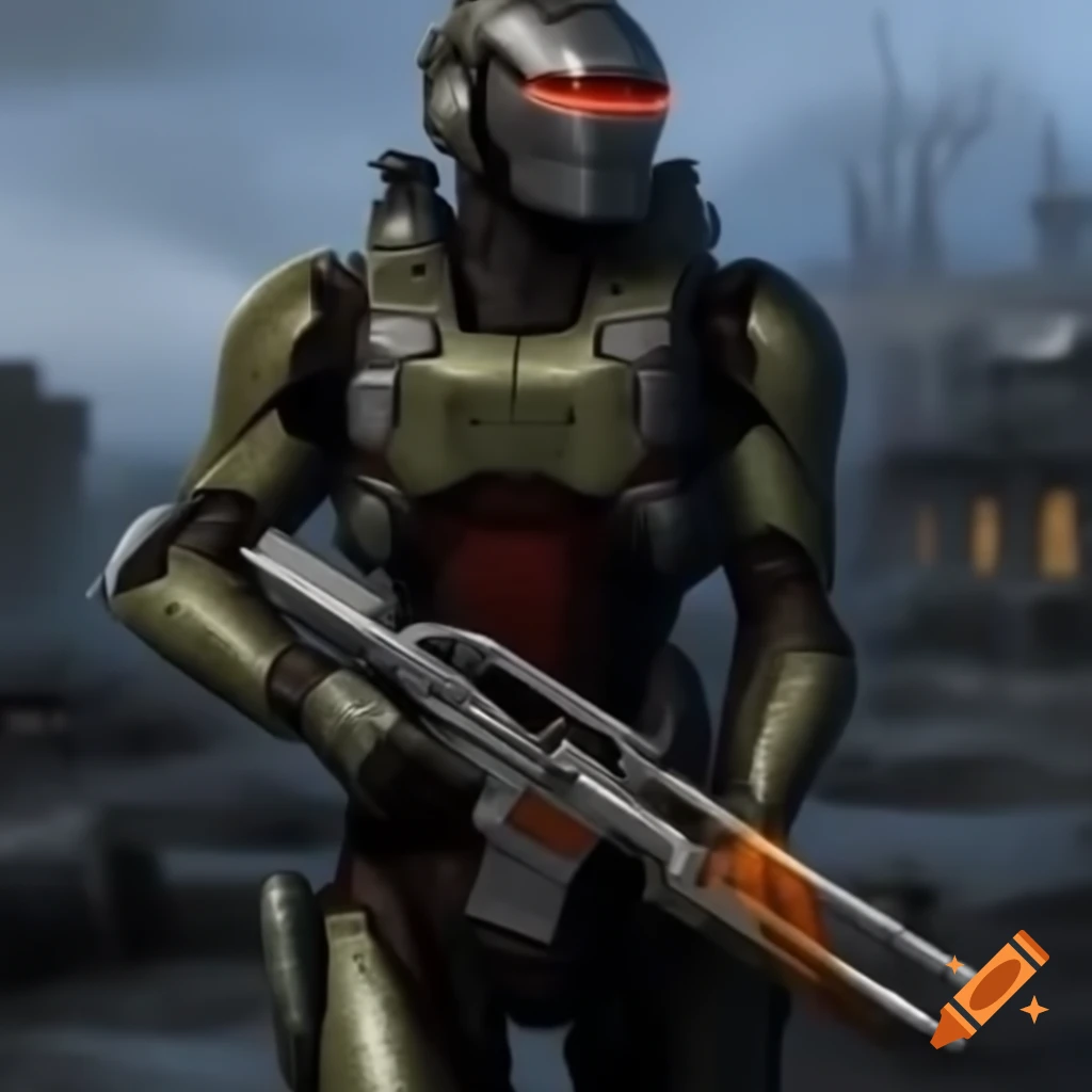 Cyborg warrior in armor with laser rifle in post-apocalyptic wasteland