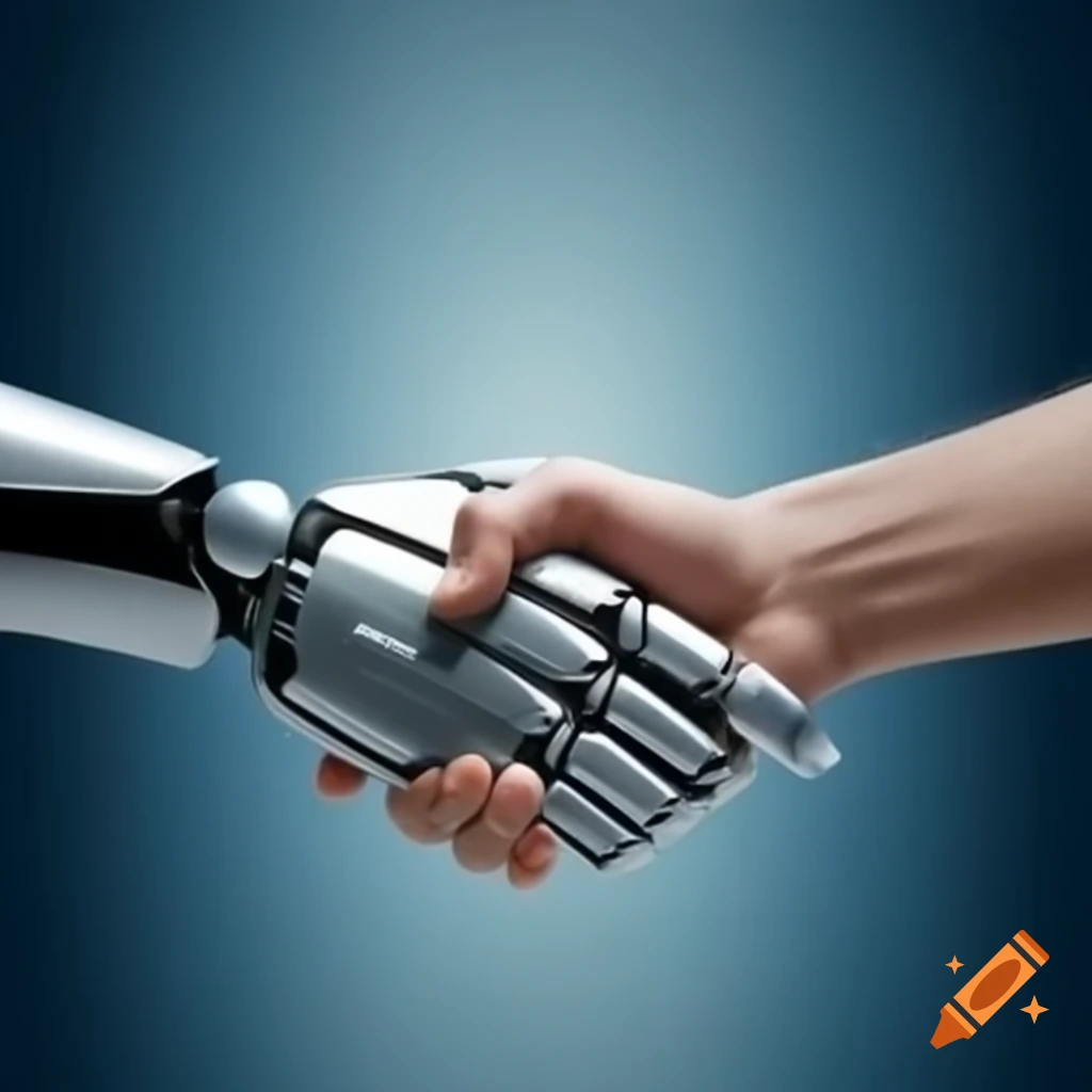 Human arm and silver robot arm shaking hands