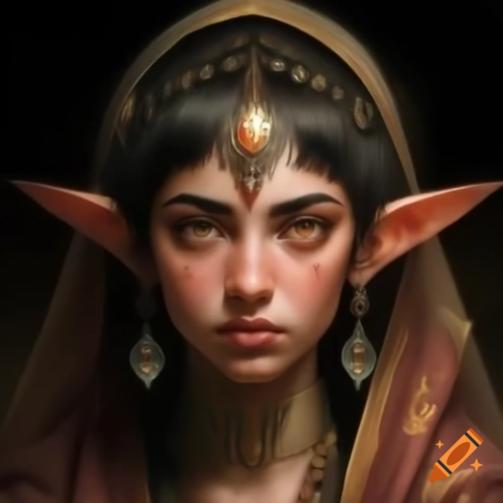 Realistic portrait of a stern young magical Persian woman in ornate robes