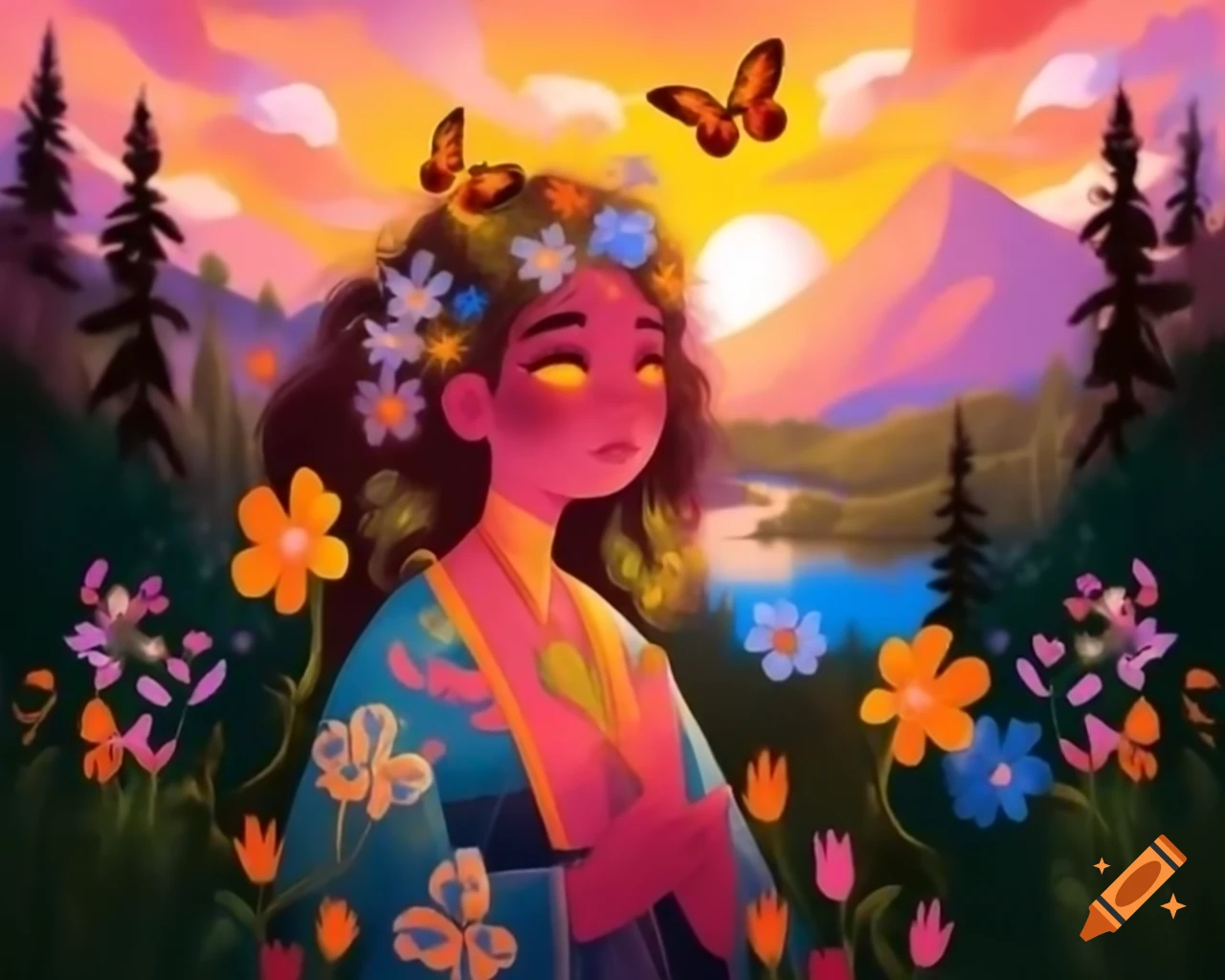 Enchanting woman with colorful hair, wildflowers, and butterflies at sunset