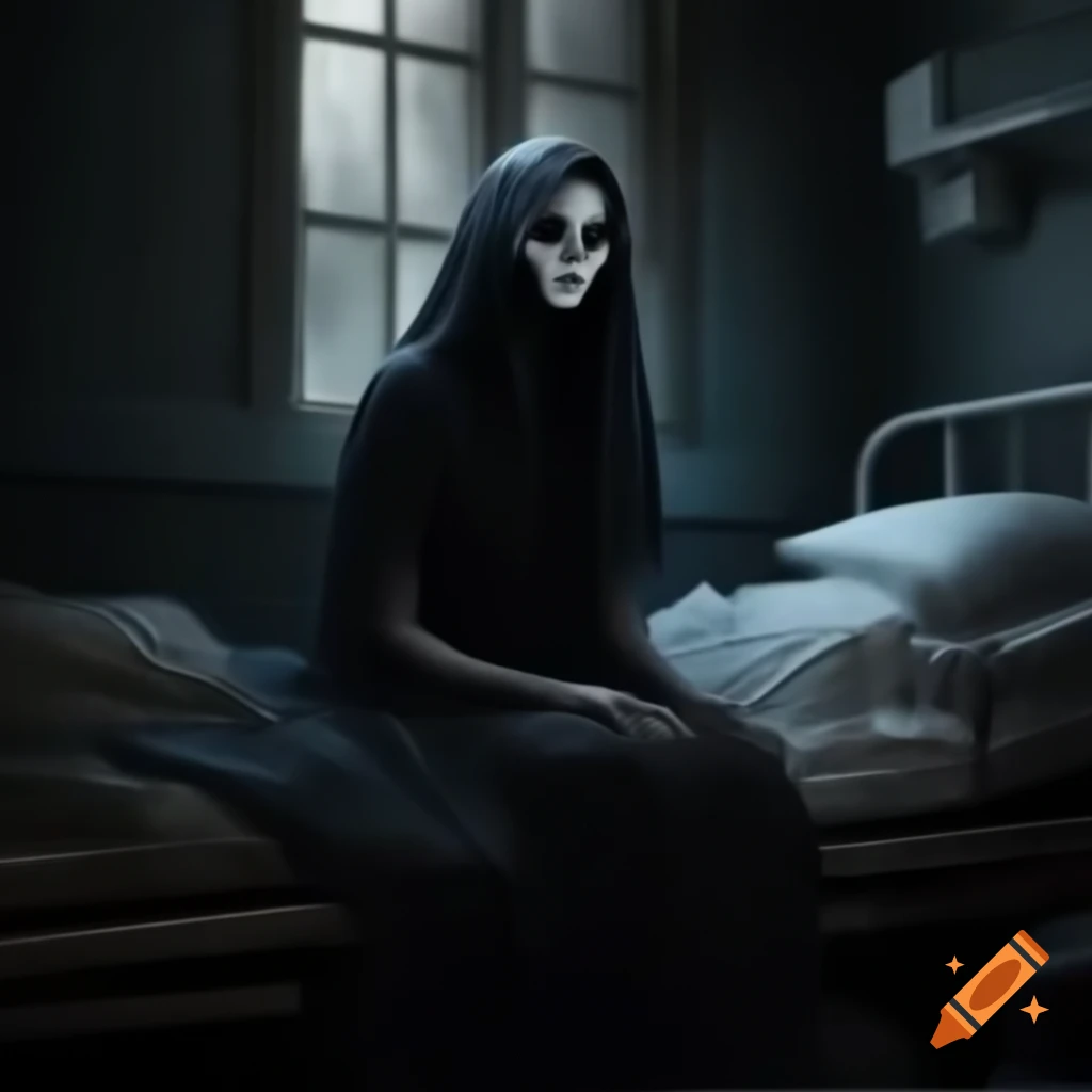 Mysterious gothic woman in eerie hospital emergency room