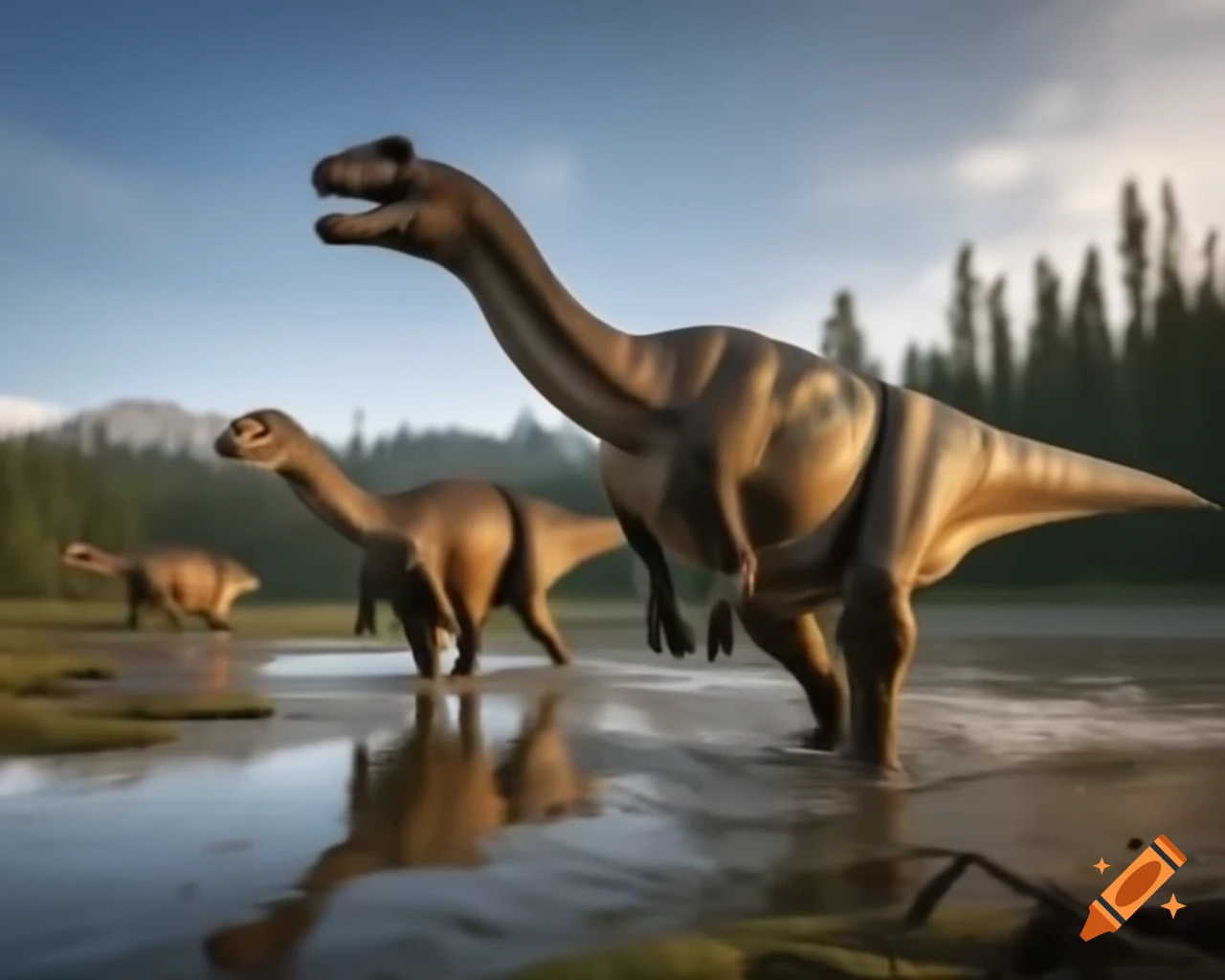 Hadrosaurus trio walking along sunny muddy bank of lake in British Columbia