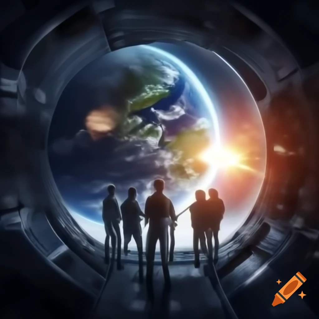 Humans aboard spaceship observing Earth exploding after asteroid impact