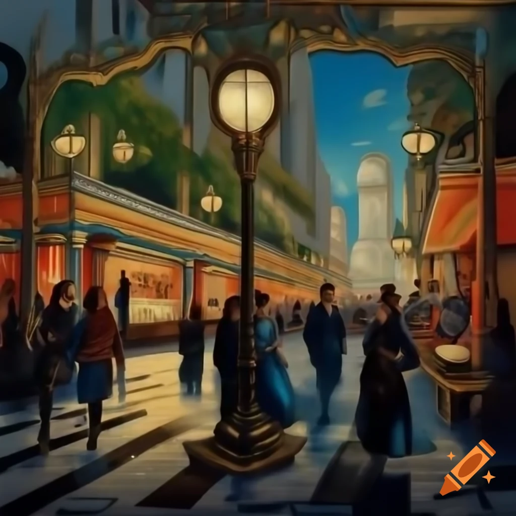Vibrant oil painting of urban life in Baroque style at grand city intersection