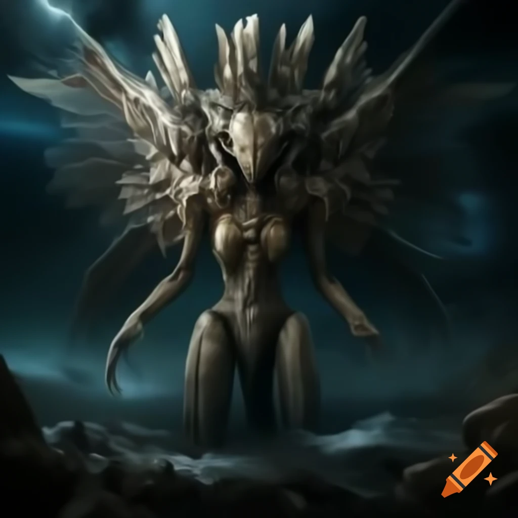 Alien Angel Goddess Queen Adalline in Cosmic Dream War, calmly addressing heroes