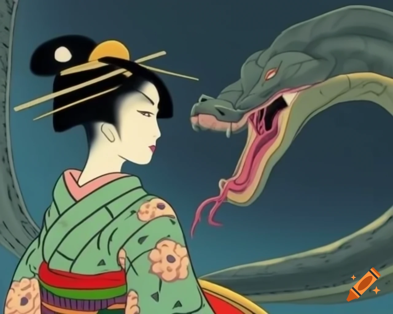 Woman in kimono observing giant snake in Japanese illustration