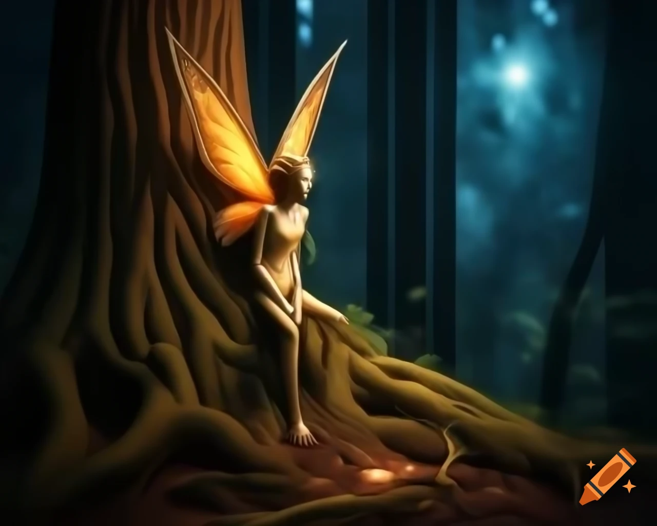Photorealistic 3D render of fairy beside tree in forest using raytracing