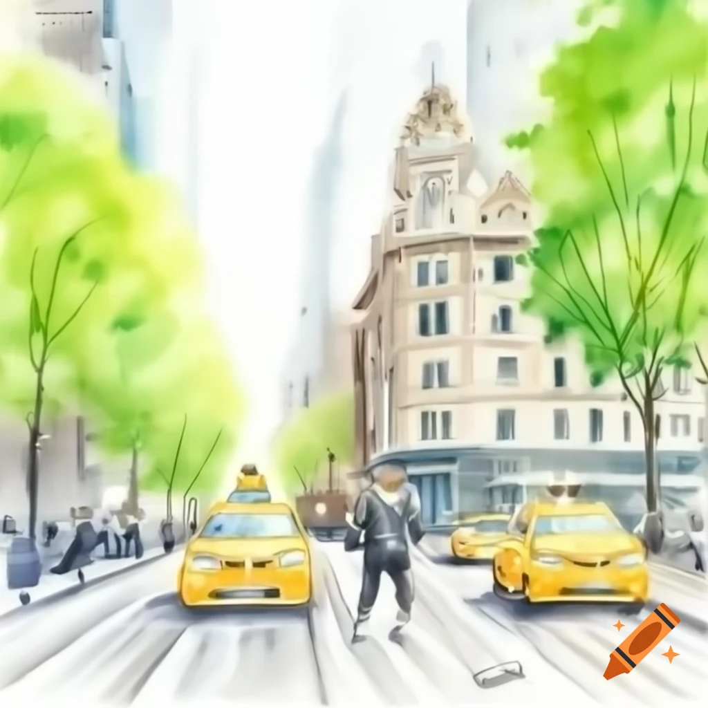 Watercolor of Curious George in the city with buildings, taxis, and green trees