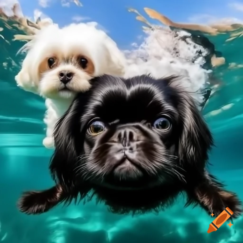Black Pekingese with white Maltese swimming together in the water