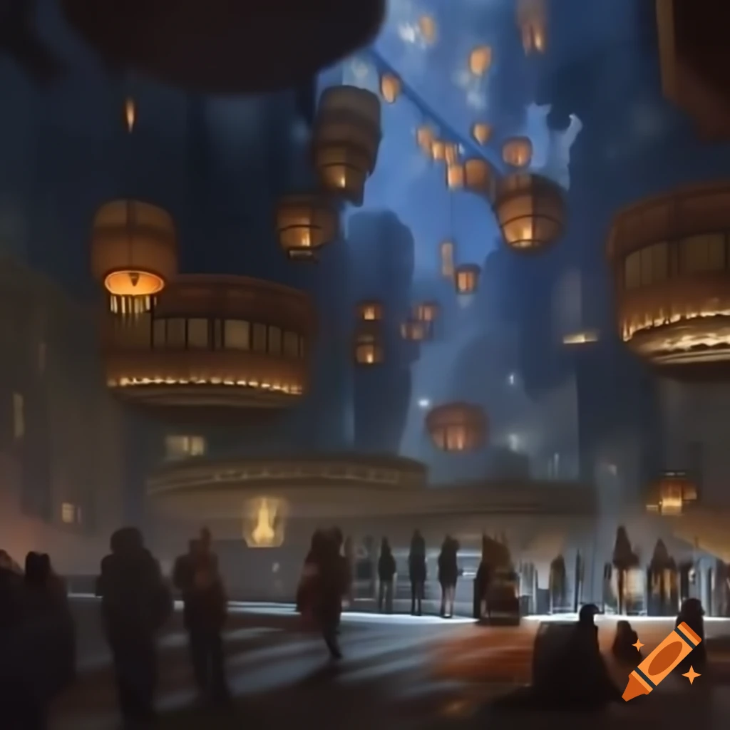 Bustling floating city with lanterns illuminating the night sky