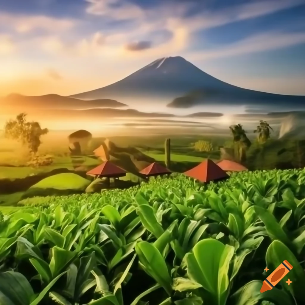 Aerial view of lush green tobacco fields in Temanggung with farmers under golden sunlight