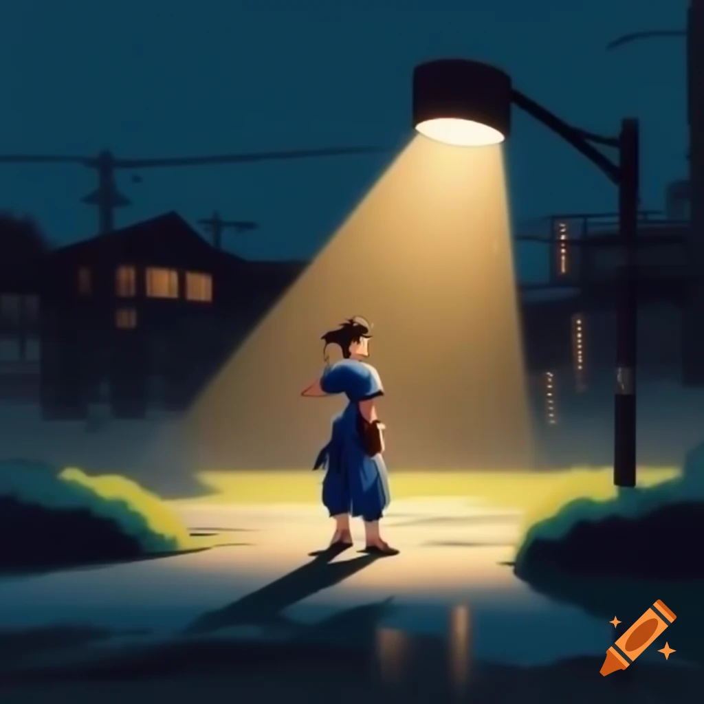 Anime Chun-li from Street Fighter akimbo in front of a floodlight