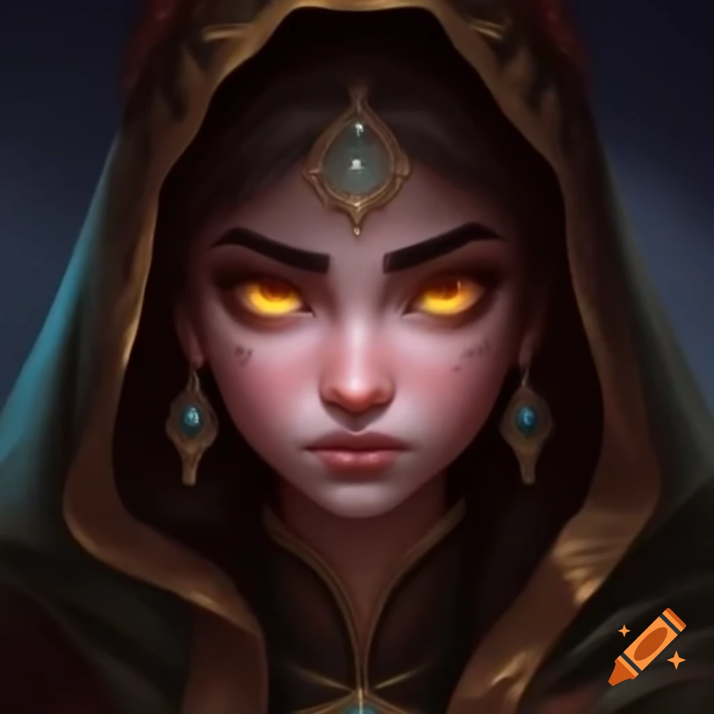 Young magical Persian woman with bright eyes in ornate robes
