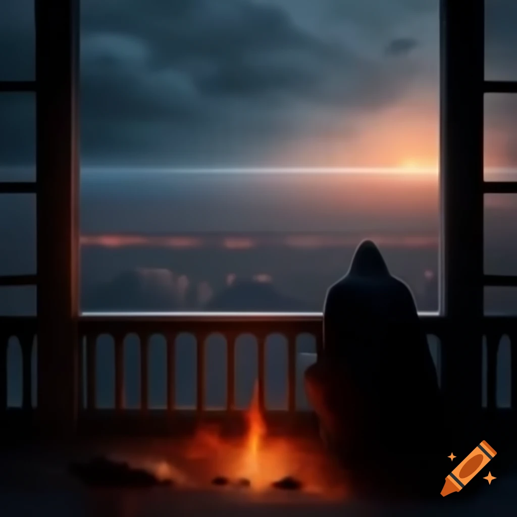 Solitary figure on balcony overlooking gloomy cityscape under gray clouds