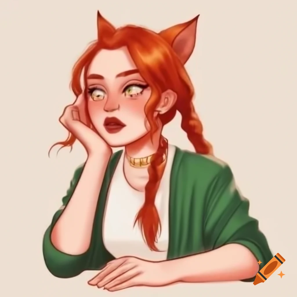 Character design of Mira with bronze skin and fiery red hair styled in high pigtails