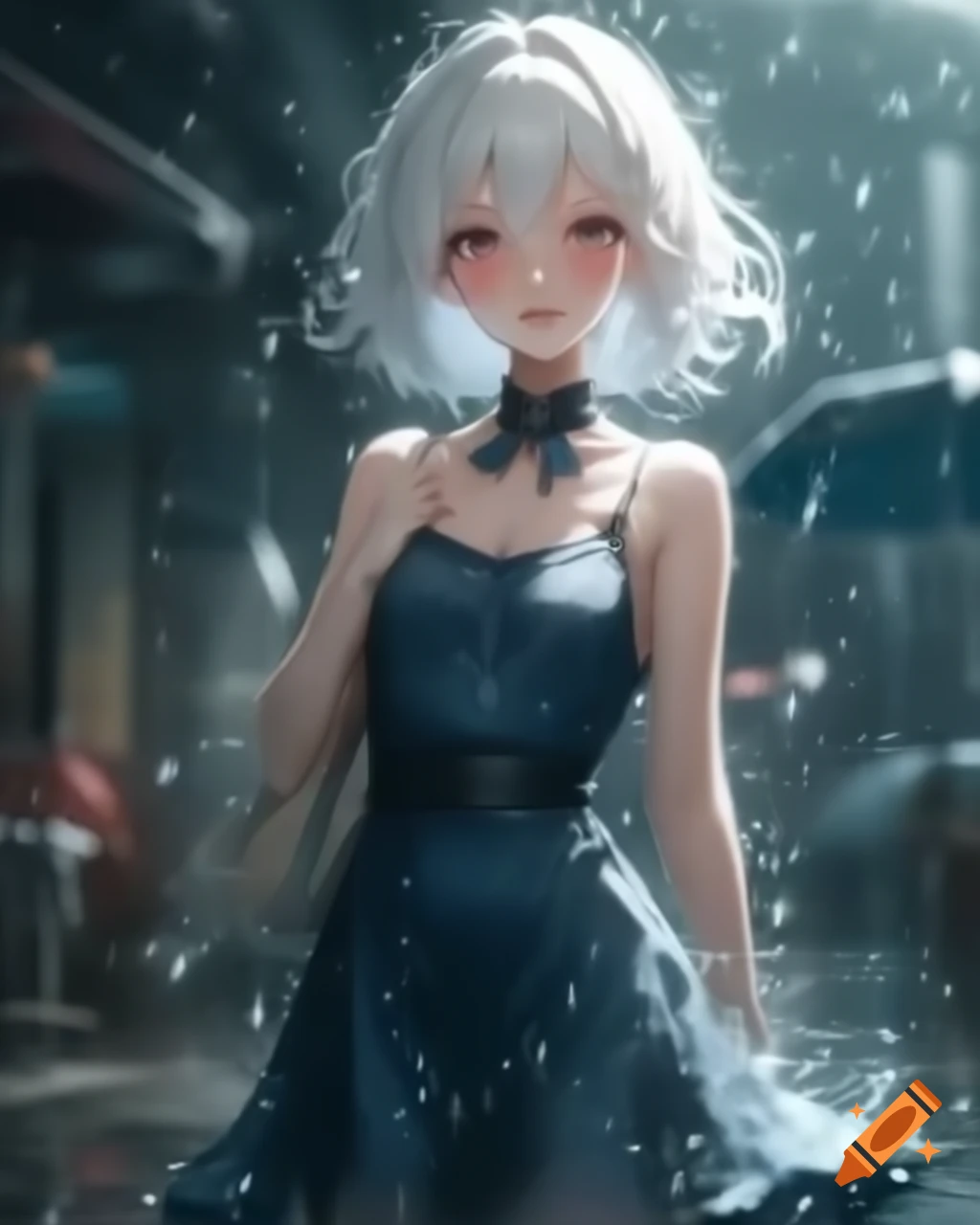 Realistic anime woman with white hair and dress in the rain