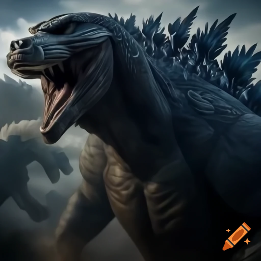 Intense dream battle featuring Putin riding Godzilla in a surreal scene