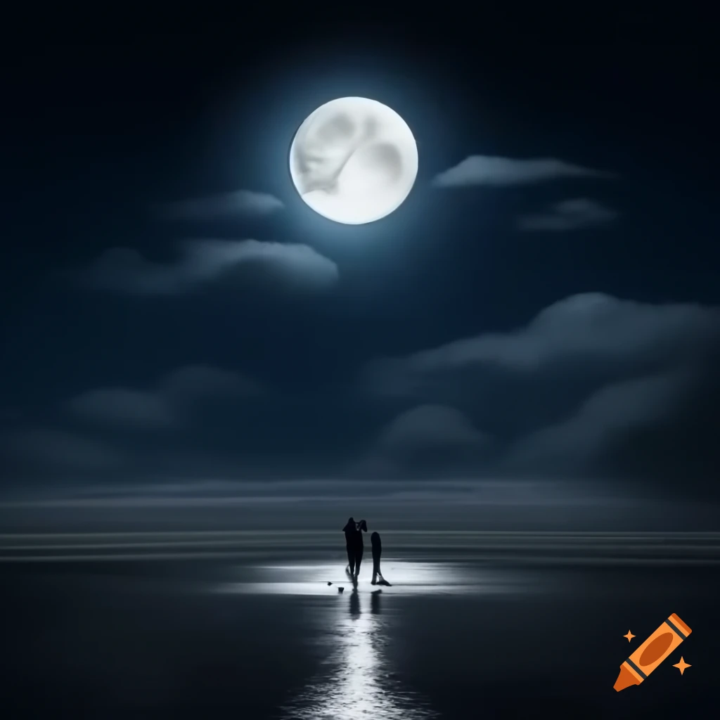 Couple walking casually in water under dim moonlight during a full moon night