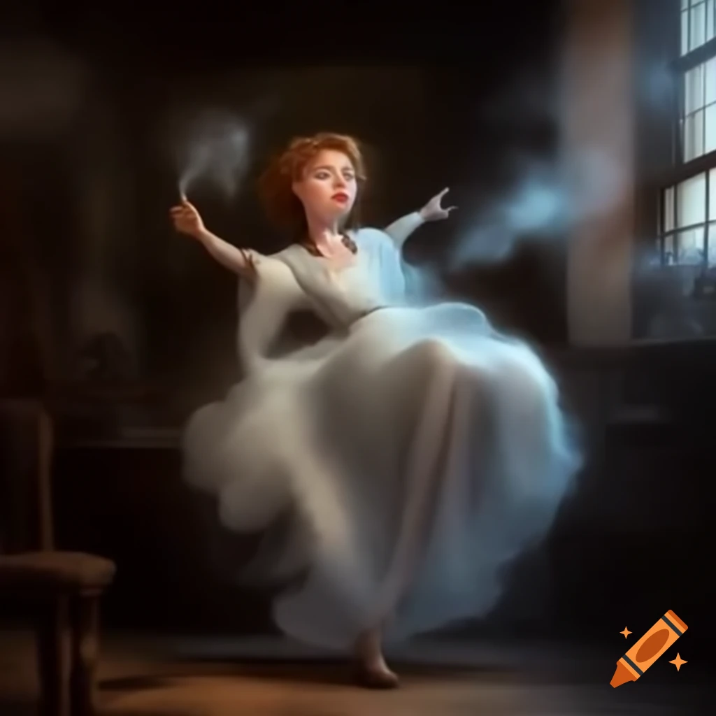 Portrait of 1880s saloon owner in translucent dress with playful expression