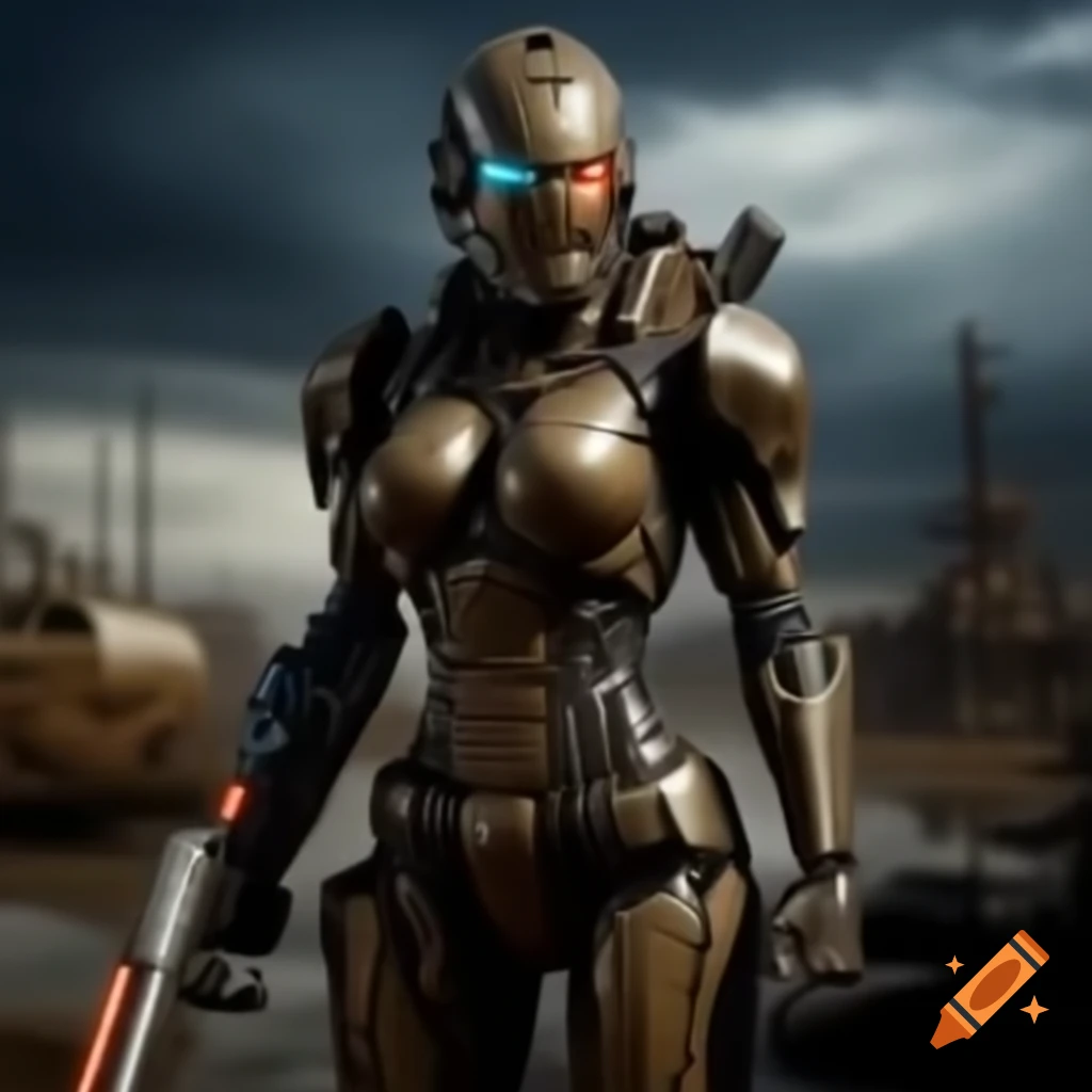 Cyborg warrior in full-body armor with laser rifle in post-apocalyptic wasteland