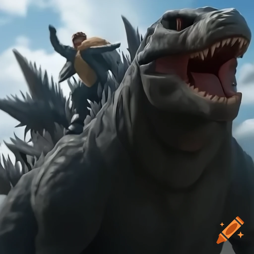 Putin riding Godzilla in Dream War, dramatic scene