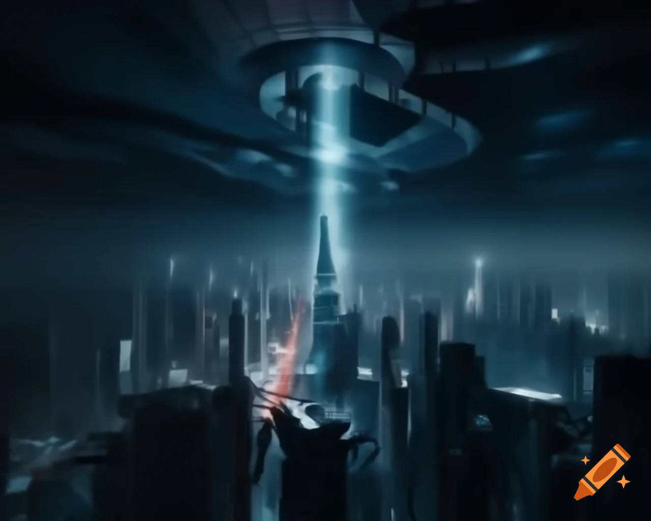Futuristic cyberpunk cityscape with towering skyscrapers