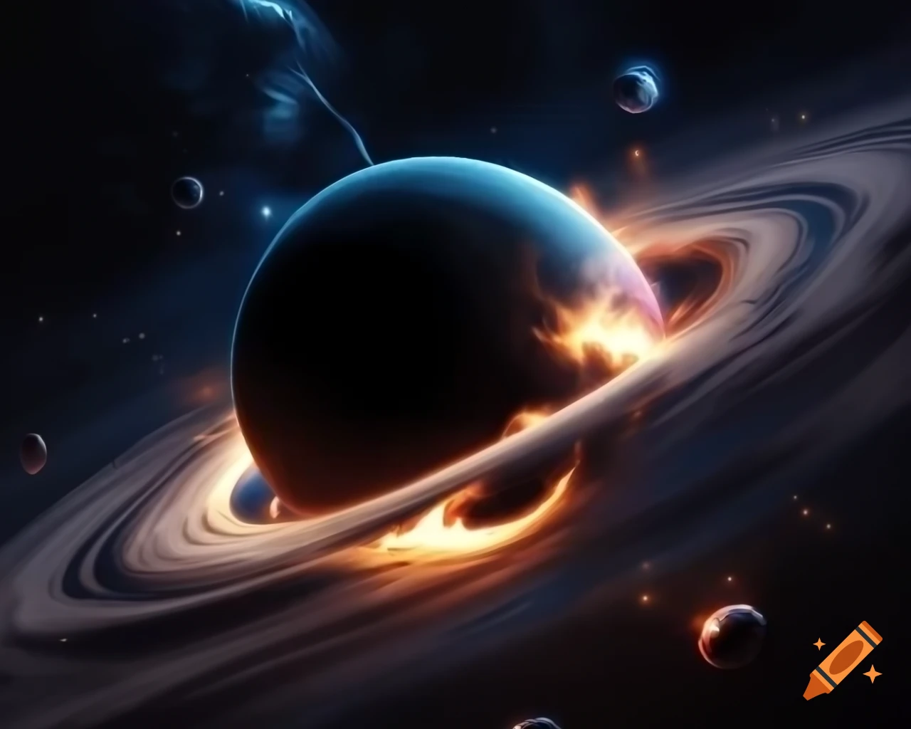 Realistic depiction of a black hole in star-filled space with artistic lens flare