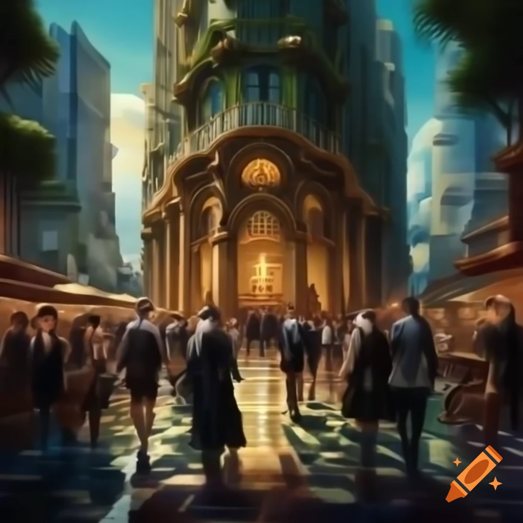 Vibrant oil painting of urban life in Baroque style at grand city intersection