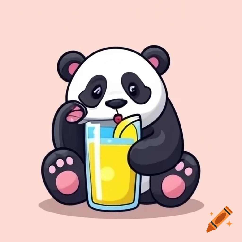 Cartoon panda bear enjoying a lemon drink