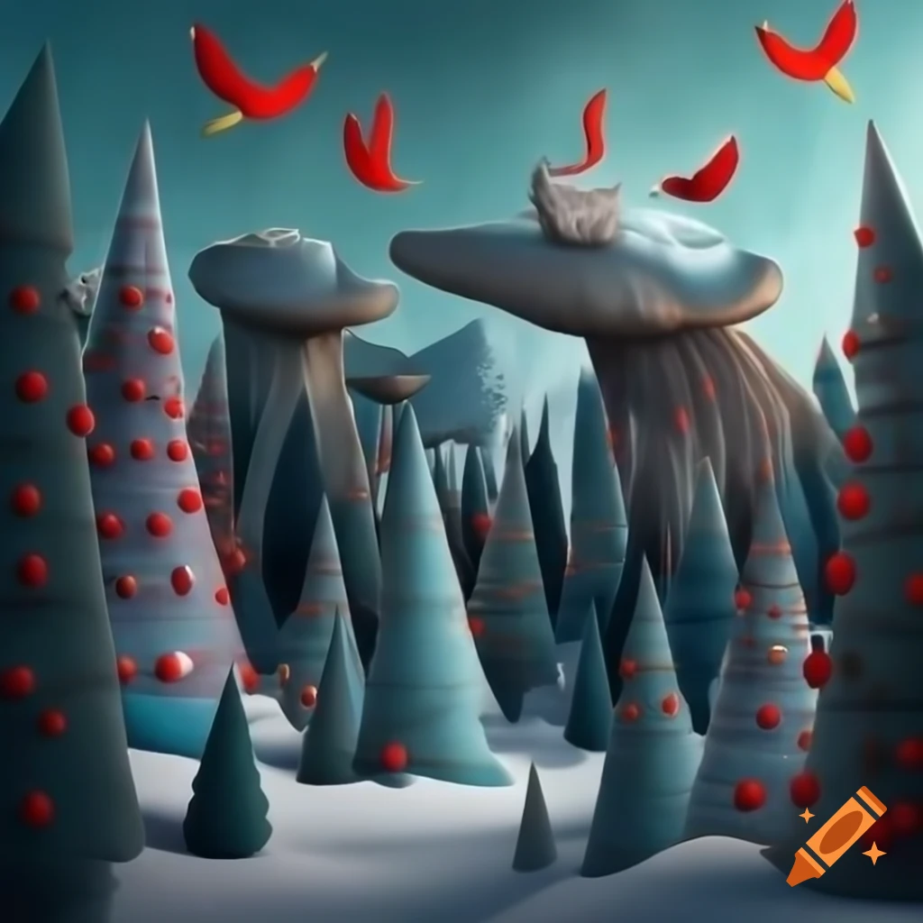 Panorama illustration of Christmas forest combining Salish and Russian fairytale motifs