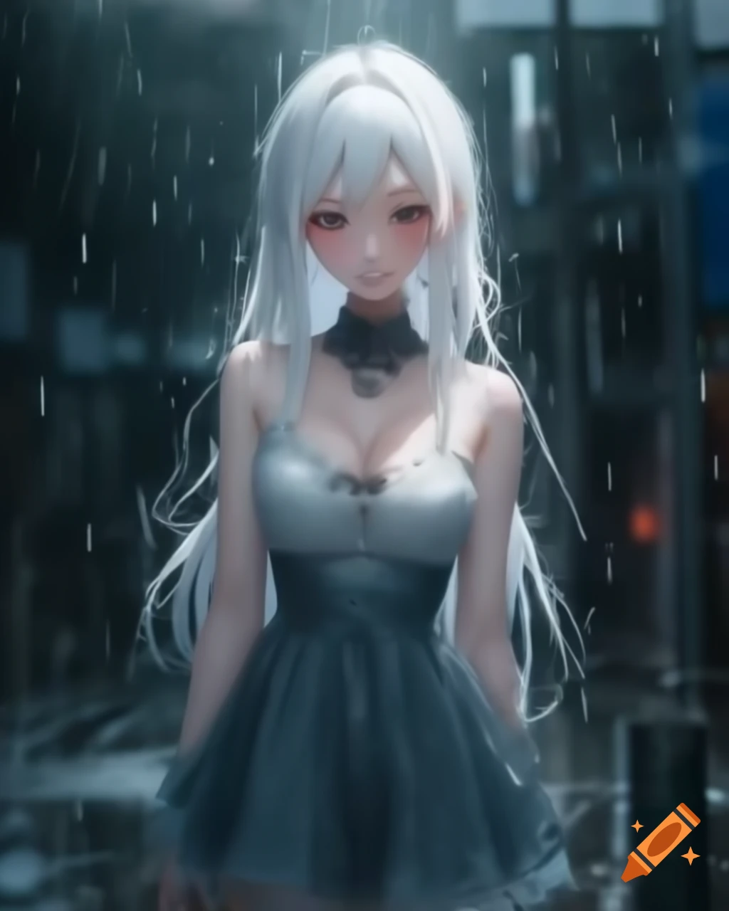 Anime woman with white hair in a dress on a rainy day