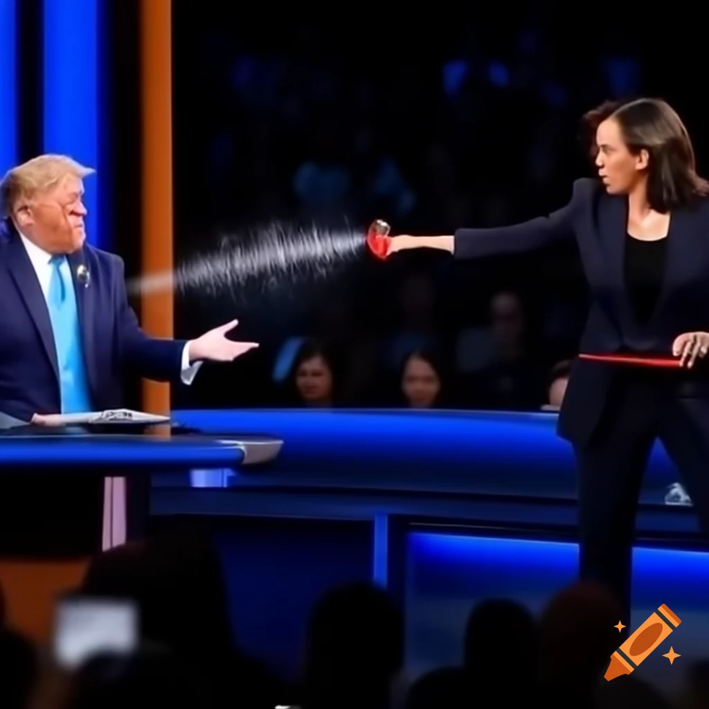 Kamala Harris and Donald Trump on debate stage with pepper spray incident