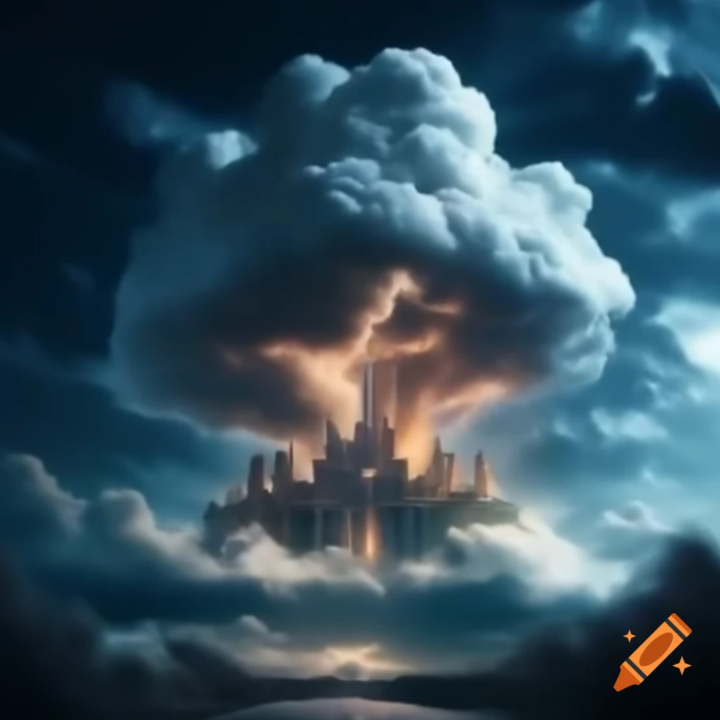 Semirealistic cloud castle in night sky with lightning and wind pillars