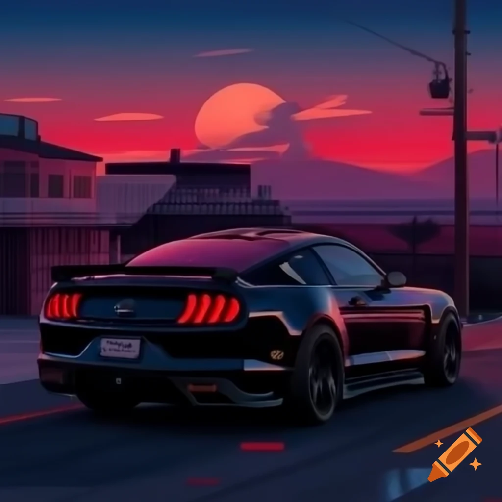 Sunset over horizon with Foxbody Mustang parked in foreground, song cover art