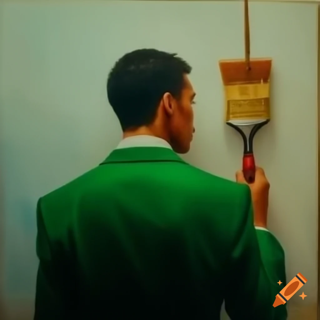 Man in green suit painting on white canvas, realistic style