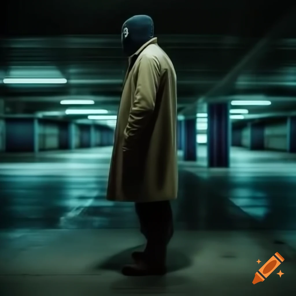 Masked figure in trench coat and combat boots standing in parking garage