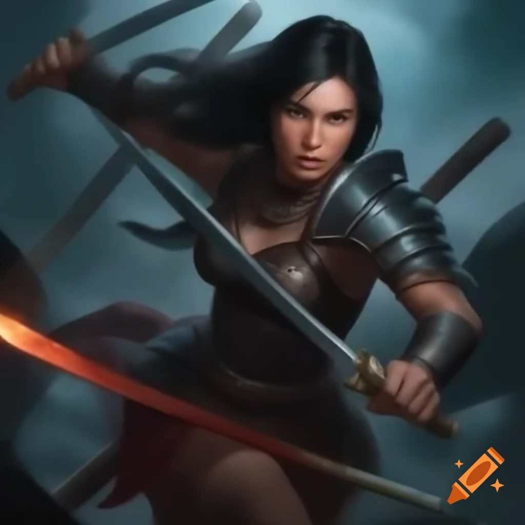 Female warrior dragging swords