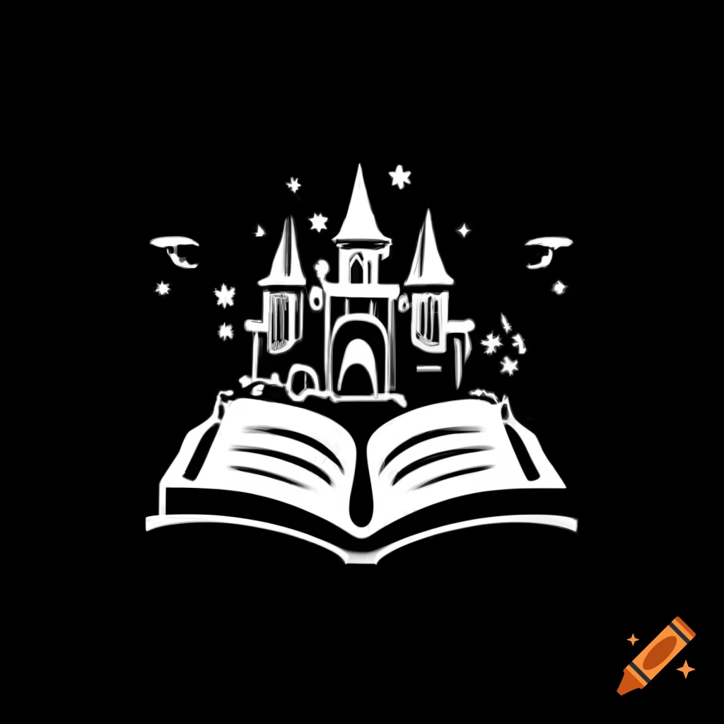 Open book with castle and spells flying out, flat vector illustration
