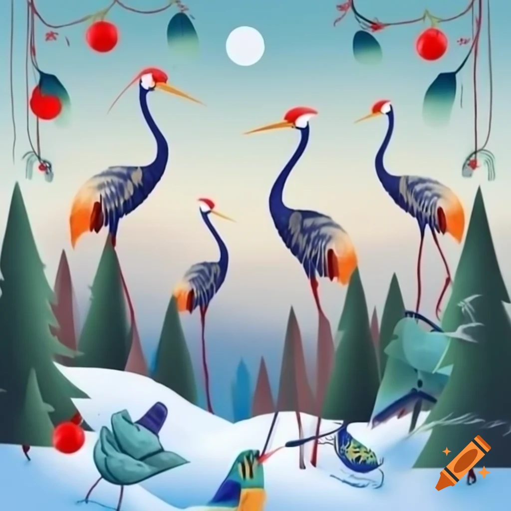 Panorama illustration of Christmas forest scene with Native Salish and Russian fairytale motifs
