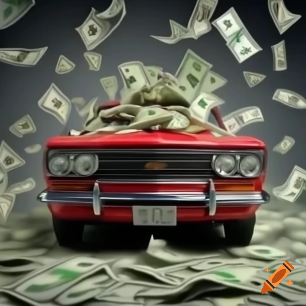 Red car surrounded by stacks of money