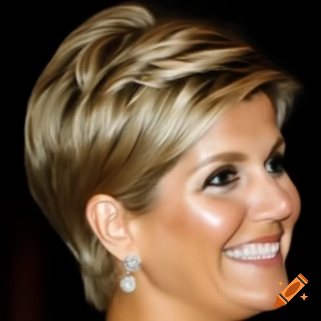 Queen Maxima with short pixie cut, styled with tapered back and sides, profile view