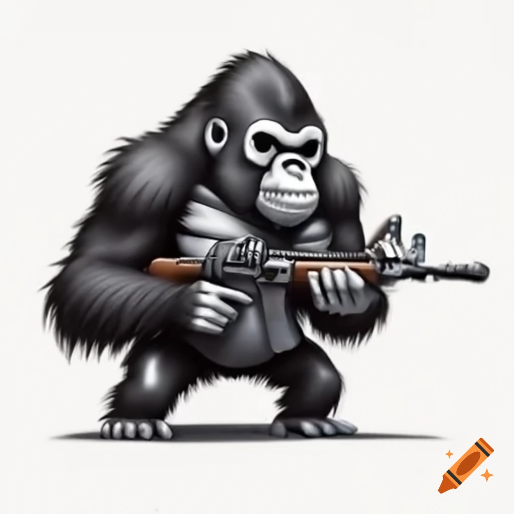 Gorilla skeleton holding a rifle